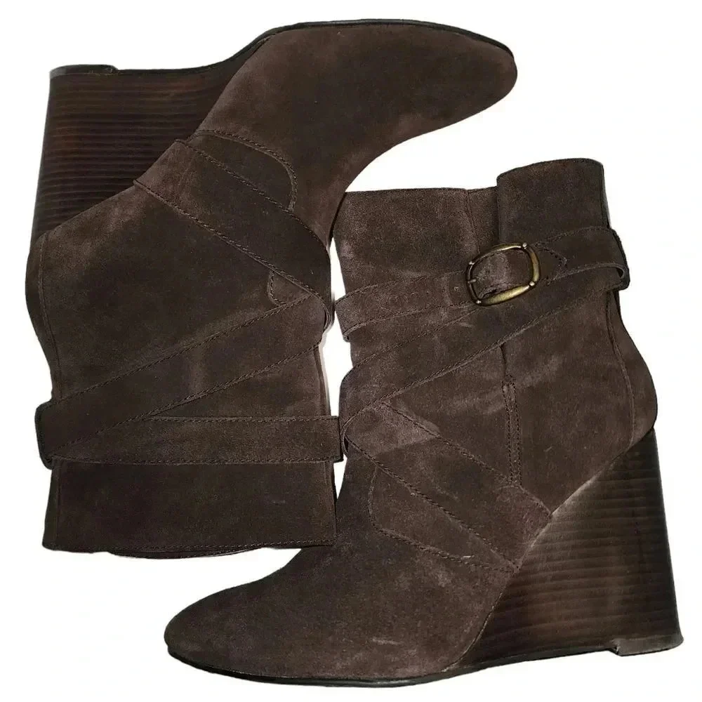 Colin Stuart Women Brown Leather Suede Belt Loop Booties Wedge Heel Size 8 B